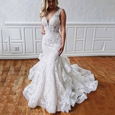 Elegant Wedding Dress Mermaid Applique Ruffled Train V Neck Backless Bridal Gown