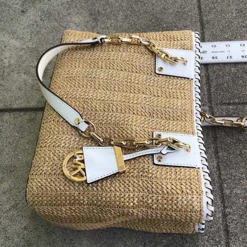 Michael Kors Straw Rosalie Tote Handbag Brown White Gold Tone Purse - Picture 13 of 14