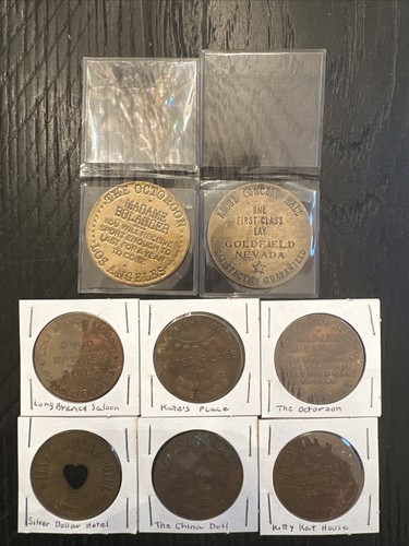 Lot of 8 Brass Brothel Coins Tokens-Kitty Kat House, Madame Bolanger, China Doll