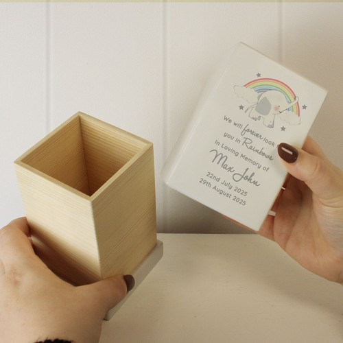 Personalised Childs Memorial Small Wooden Urn, Rainbow Memorial Urn for Child - Picture 5 of 7