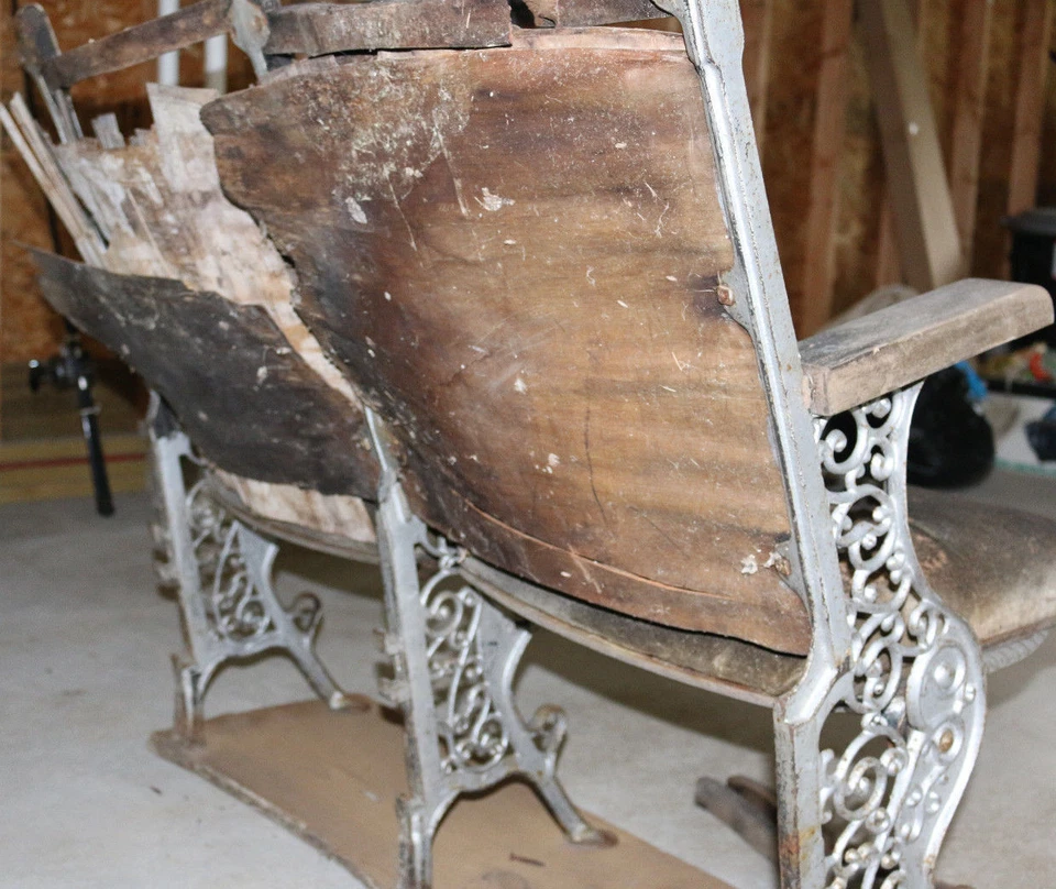 Antique folding theater seats ORNATE CAST IRON 2 seats w/rack DIY EASY RESTORE - Image 2 of 4