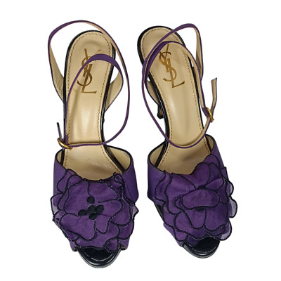 YSL lila Blumen Satin Slingback Sandalen Damen High Heels Größe 36,5