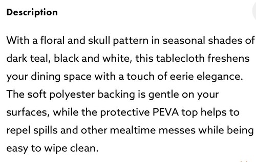 52 x 90 GOTH Tablecloth Vinyl Skull Roses Floral Black White Teal Seats 6-8 - Picture 4 of 4