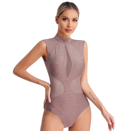 Womens Rhythmic Gymnastics Sleeveless Leotard Shiny Rhinestones Bodysuit - Picture 51 of 55