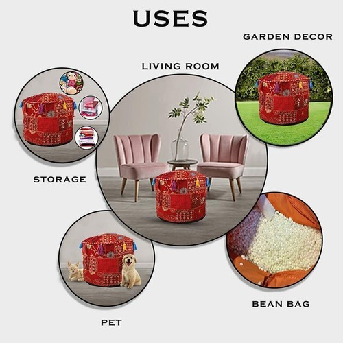 Vintage Embroidered Patchwork Round Seating Pouf Cover Footstool Ottoman - Picture 47 of 65