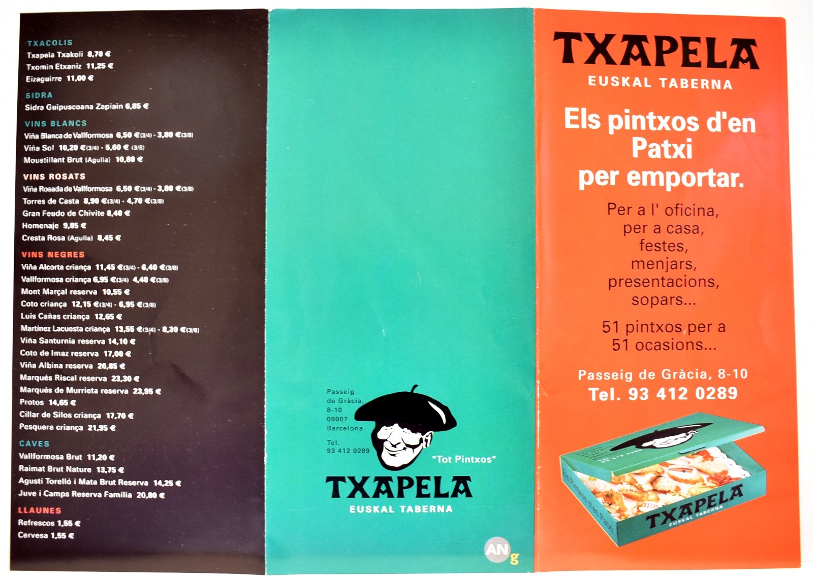 2000s Txapela Restaurant Menu Passeig de Gracia Barcelona Spain eBay