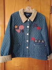 Vtg Baccini Quilted Denim Brown Corduroy Collar US Flag Stars Jacket Size L