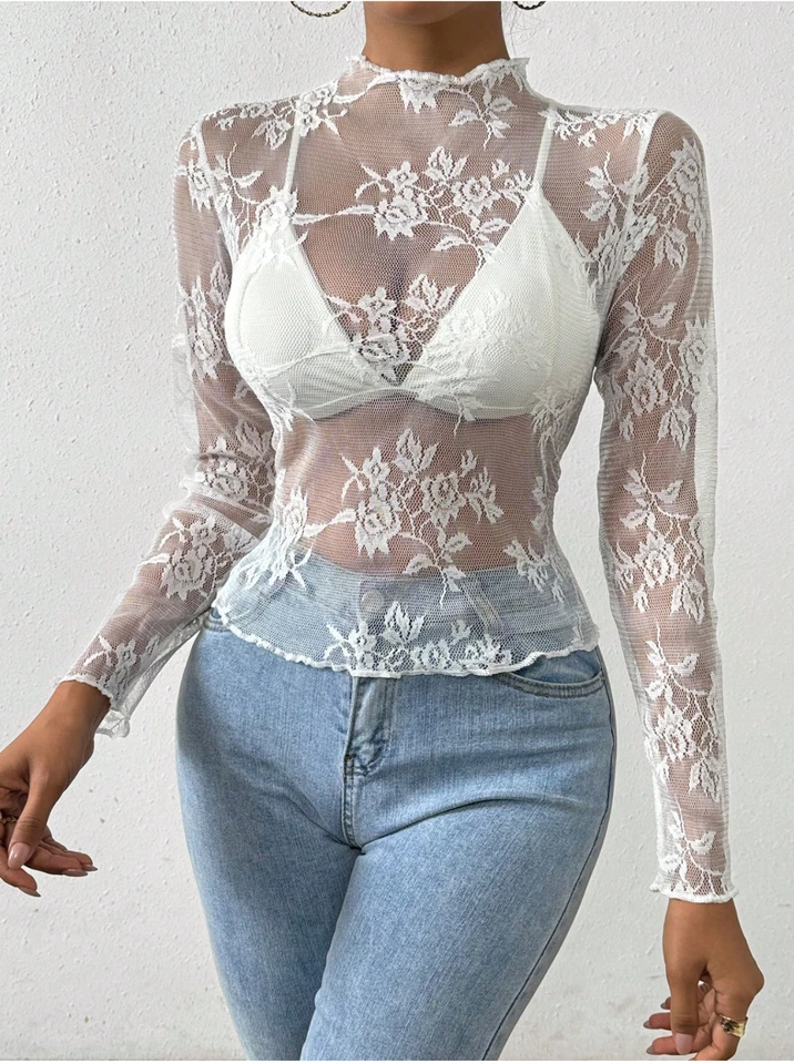 White Allurite Women Simple Solid Color Lace Decor Sheer Long Sleeve Blouse Top