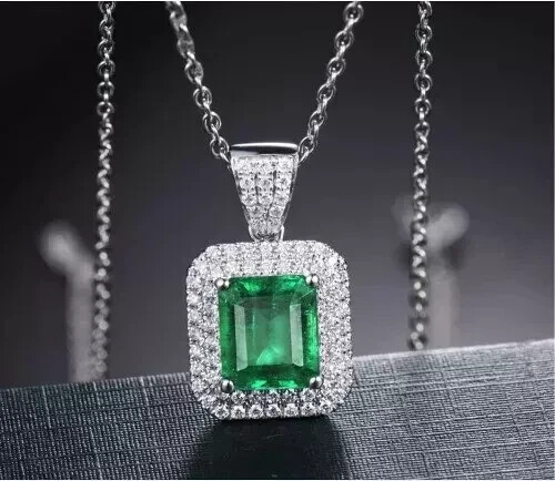 2CT Emerald Cut Lab-Created Emerald Halo Pendant 18" Chain 14K White Gold Plated - Picture 1 of 6