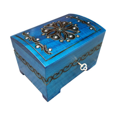 WOODEN CARVED JEWELLERY CHEST LOCK AND KEY IN BLUE COLOR WOODEN CARVED JEWELLERY CHEST LOCK AND KEY IN BLUE COLOR