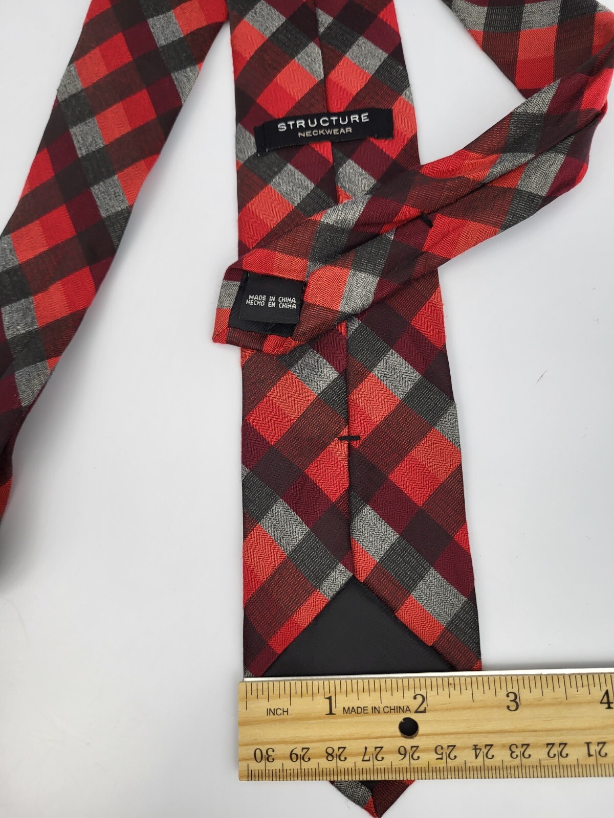 Structure Polyester Tie Red Gray Black Plaid Geom… - image 5