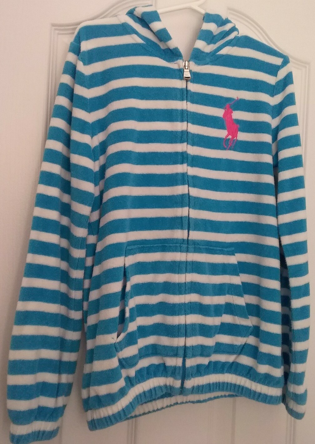 Giacca Terry Ralph Lauren L S Big Pony blu a righe con cappuccio e zip usata in ottime condizioni taglia 8 10 16