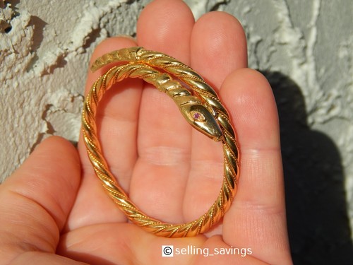 18K YELLOW GOLD SNAKE SERPENT RUBY EYES TWISTED FLEX BANGLE BRACELET 17.3 GRAMS - Picture 3 of 21