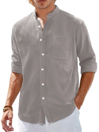 Mens Long Sleeve Shirts Casual Button Down Banded Collar Shirt Beach Summer Top - Picture 12 of 13