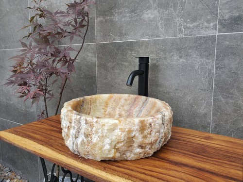Tan White and Brown Round Onyx Bathroom Vessel Sink, 15 inch Neutral Tan Sink - Picture 4 of 11