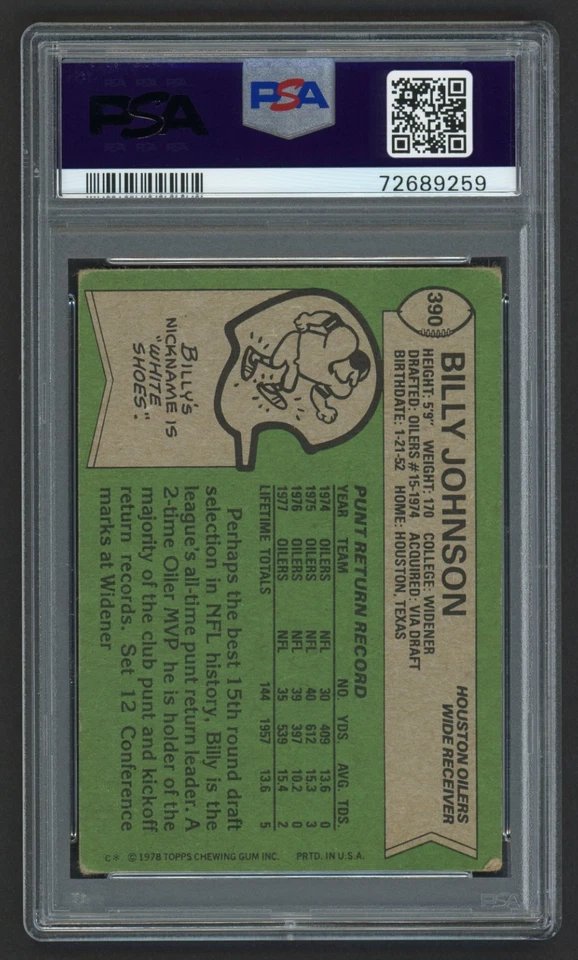 1978 TOPPS BILLY "WHITE SHOES" JOHNSON #390 VINTAGE PSA 2 GOOD - Image 3 of 3