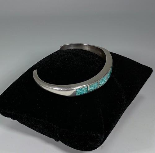 Brazalete Navajo Turquesa Incrustación Fila Vintage Dine Turquesa Plata de Ley - Imagen 5 de 8