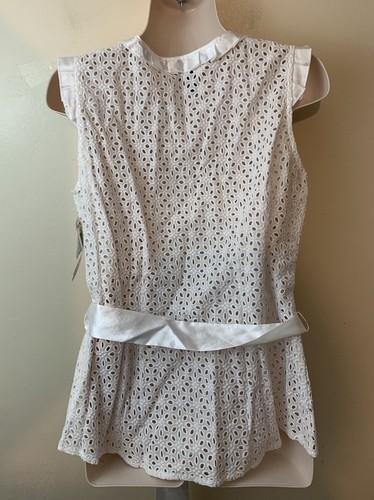 Inc. Blouse Women's Size 12P White Eyelet Lace Ruffled Neck Sash Sleeveless NWT - Picture 3 of 5