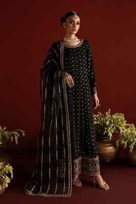 Neu Batik Ujala langes schwarz gold festliches Kleid luxuriös Pret Ready to Wear EID Hochzeit
