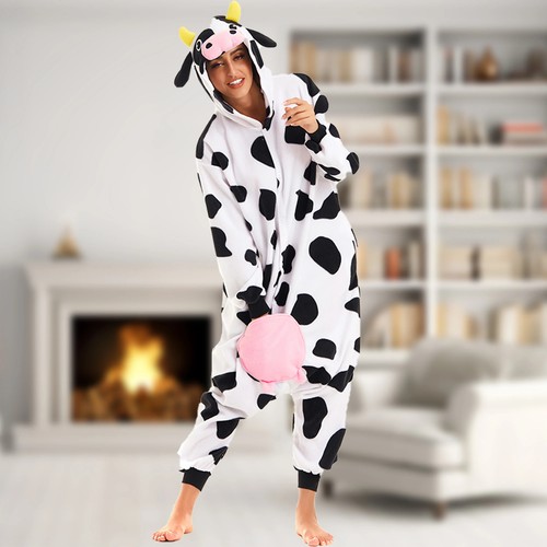 CANASOUR Cow One-Piece Pajamas Adults Women Soft Hooded Pyjamas Animal Costume  - Bild 7 von 12