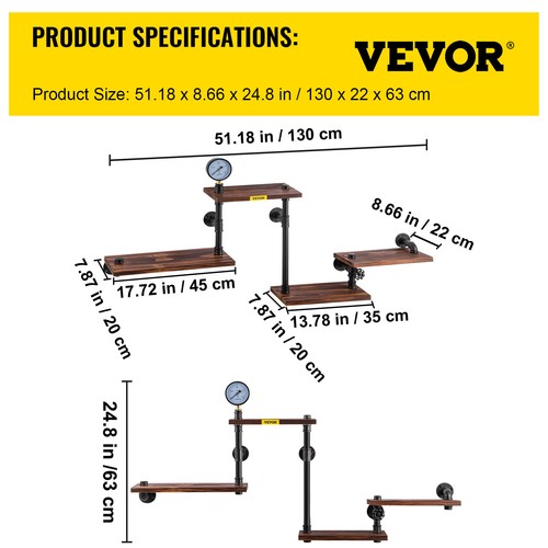 VEVOR Industrial Iron Pipe Shelf w/ 4PCS Wood Planks Floating Wall Shelves Black - Picture 7 of 12