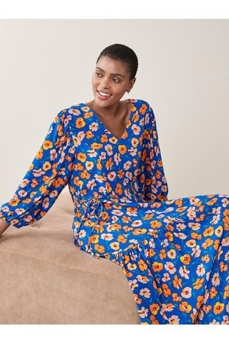 next size 14 V-Neck Tie Side Dress blue orange floral Maxi Dress