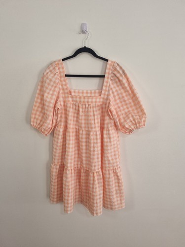 JUST JEANS size 10 orange check square neck short balloon sleeve shift dress - Picture 3 of 6