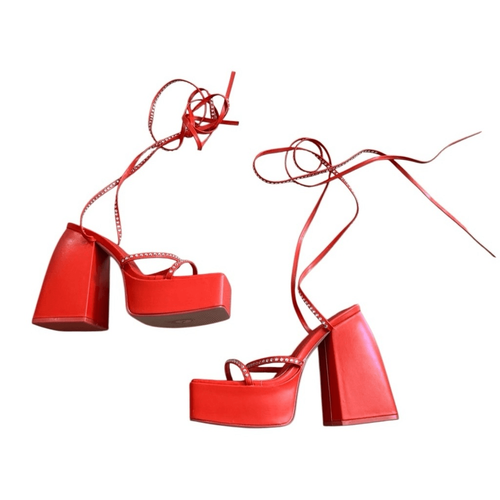 Dolls Kill Public Desire Women's Red Lace Up Rhinestone Platform Heels Size 7 - Picture 6 of 9
