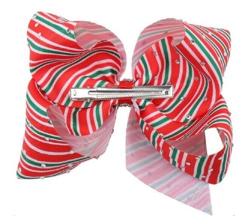 Jojo Peppermint Candy Cane Christmas Bow with Rhinestones, New - Picture 2 of 3