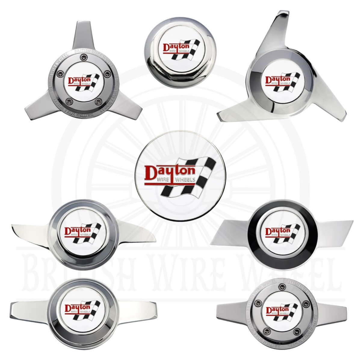 Dayton Chrome & White Metal Wheel Chip Emblems with Spinner Caps