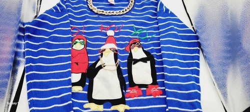 PINGUIN WEIHNACHTSPULLOVER Damen Größe Medium Kette Hip Hop Urlaub Spaß UGLY - Bild 3 von 10