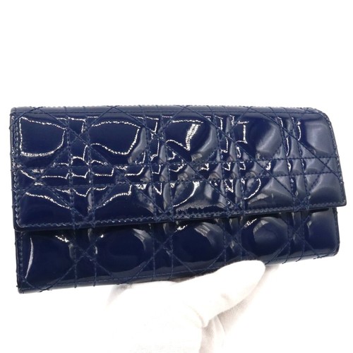 Auth Christian Dior Lady Dior Cannage Long Wallet Patent Leather Navy Japan - Picture 8 of 9