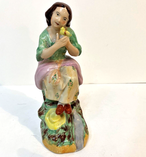 Old Staffordshire Ware Figurine Woman with bird 7.5" tall - Picture 5 of 9