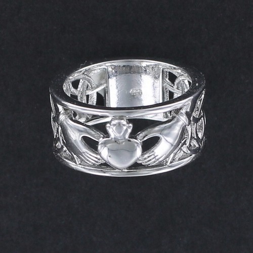 CLADDAGH Ring - Stainless Steel Band Celtic Irish Heart Hands Crown Knot Wide - Picture 2 of 5