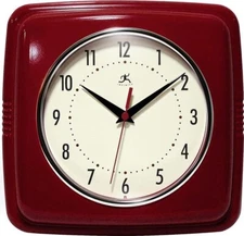 Retro Kitchen Wall Clock Silent Vintage Style Red 9" Square Lightweight Plastic