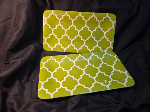 Set of 2 Melamine Plastic Olive Green with White Rectangle Serving Platters - Picture 4 of 6