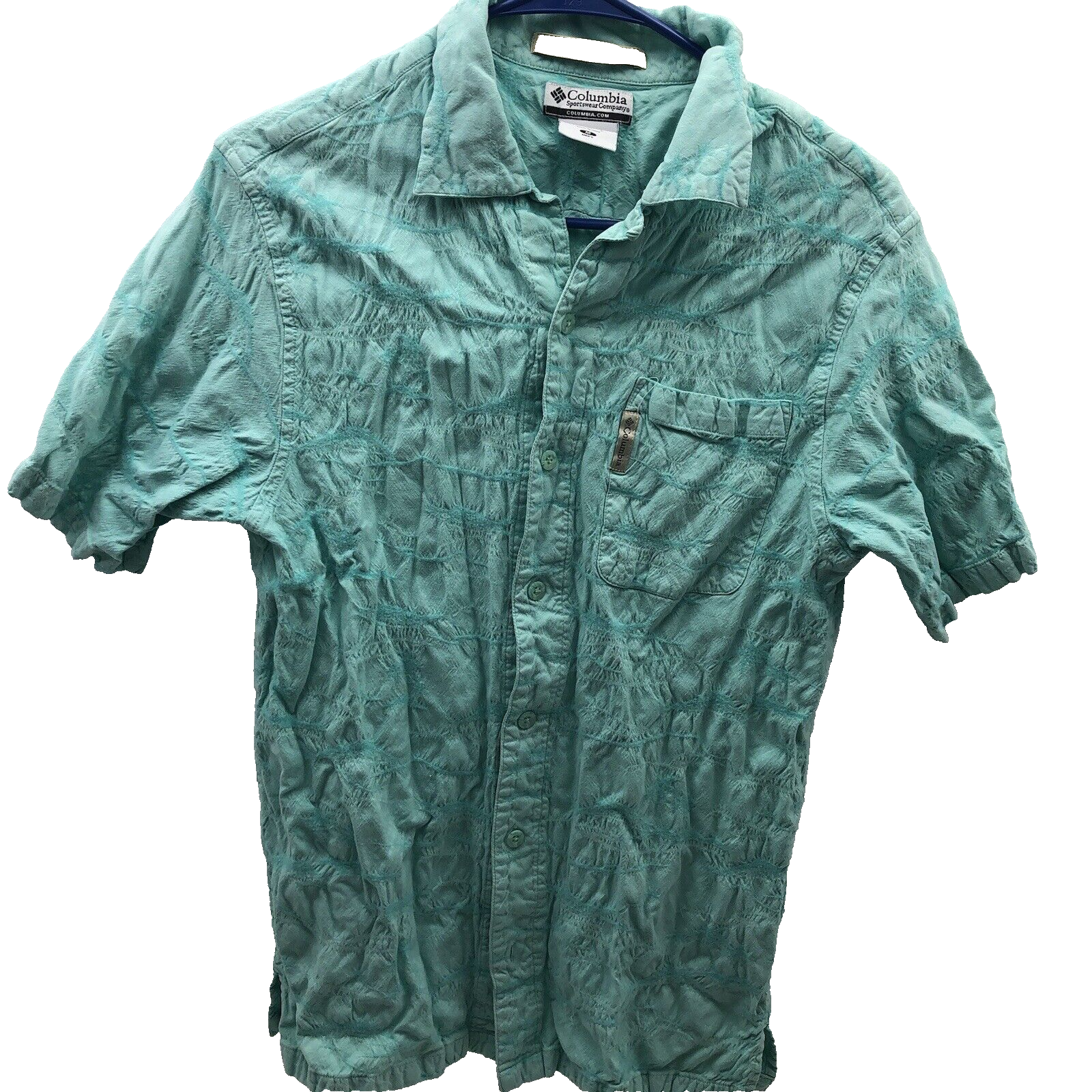 Columbia Button Shirt M Mens Green Short Sleeve Fish Print Camp