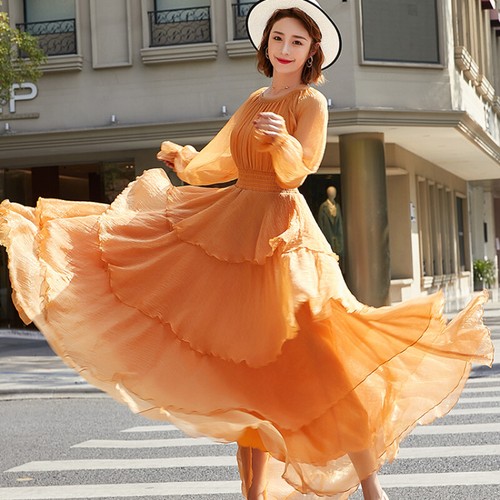 Lady Swing Dress Maxi Chiffon Tiered Layered Long Sleeve Princess Prom Gown Thin - Picture 21 of 29
