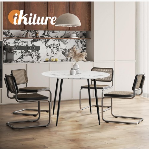 Oikiture 110cm Dining Table Round Wooden Table With Marble Effect Metal Legs WH - Picture 6 of 10