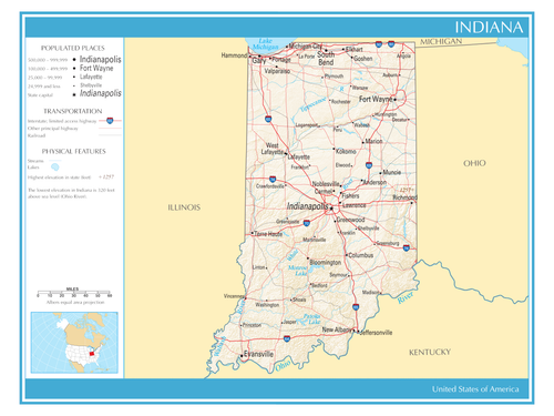 Map State of Indiana United States of America Political Physical Poster XL