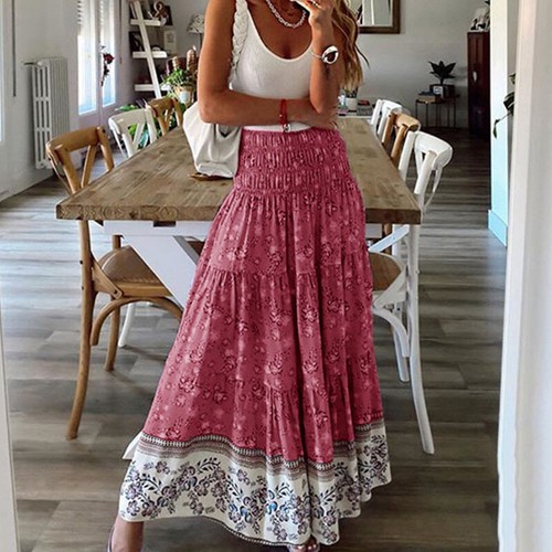 Womens Boho Floral Long Maxi Skirt Ladies High Waist Beach Ruffle Swing Dress UK - Picture 12 of 33