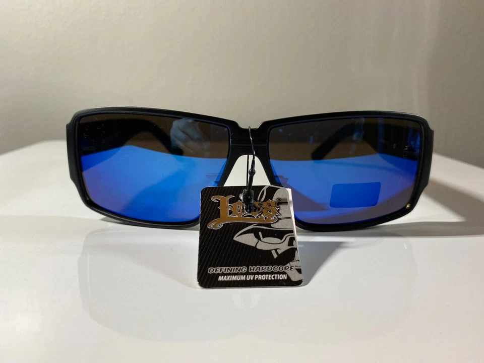 男士太阳眼镜,带黑色镜框和蓝色反光镜片 — 第 3/4 张图片