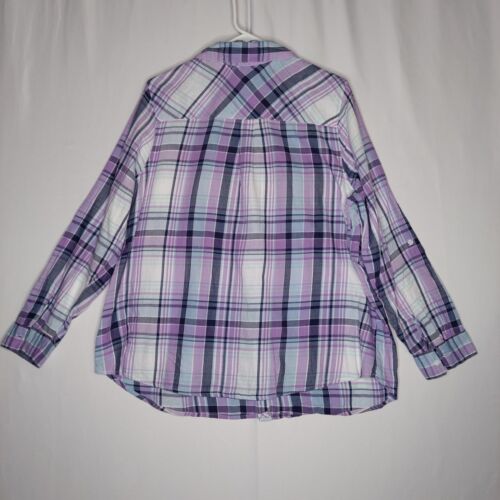 Relativity Top Women 2X Purple Blue Plaid Button Collar Long Sleeve Lightweight - Picture 2 of 6