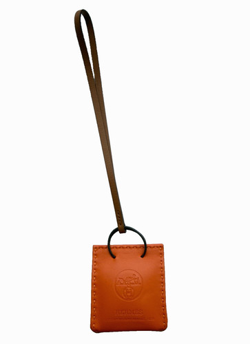HERMÈS Sac Orange Shopping Bag Charm Milo Lambskin Swift Leather Brown NEW