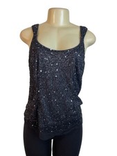 Black Sequined Sleeveless Tank Top With Scoop Neckline  Back Zip Closure