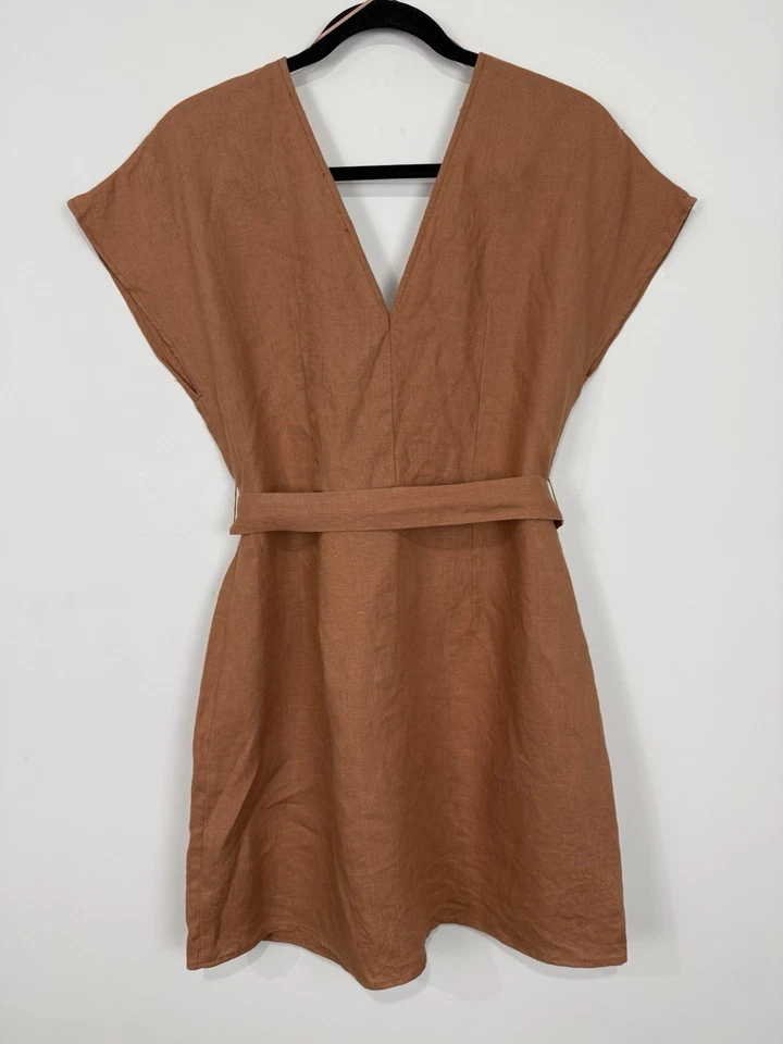 WISH 100% Linen Button Up Shirt Dress 12AU/UK 8US Terracotta Waist Tie Summer - image 2 of 4