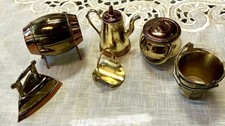 Vintage Miniature Brass Tea Set Made in England Dollhouse Kettle Iron Barrel Lot
