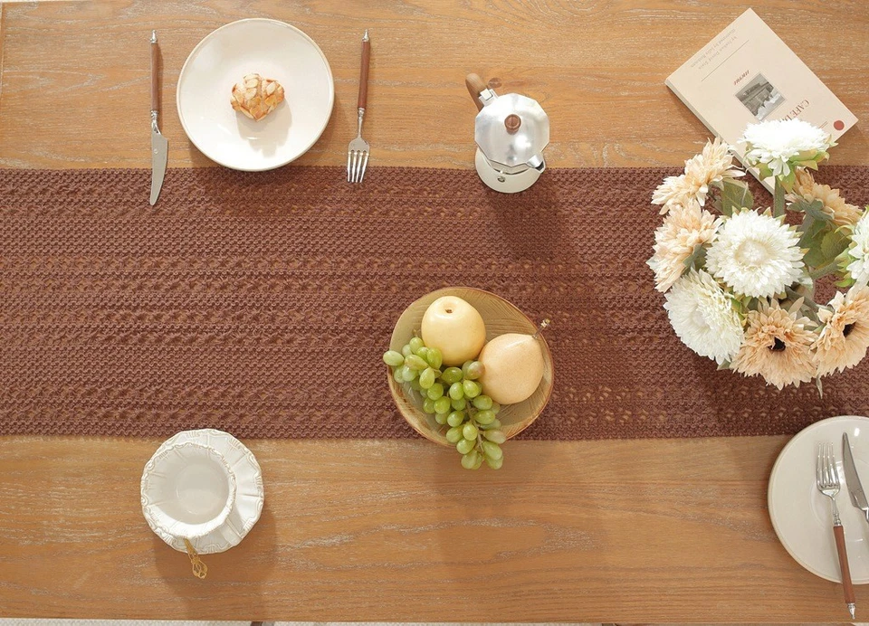 Vintage Knitted Lace Table Runner Tassel Rustic Dining Home Kitchen Deco Gift - Image 3 of 4