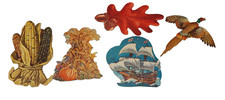 Lot of 5 Vintage Dennison Die Cuts Corn Cornstalks Oak Leaf Ship and Pheasant