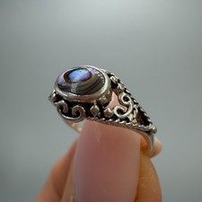 Vintage 925 Sterling Silver Abalone Shell Ring Filigree Boho Women Size 5.5